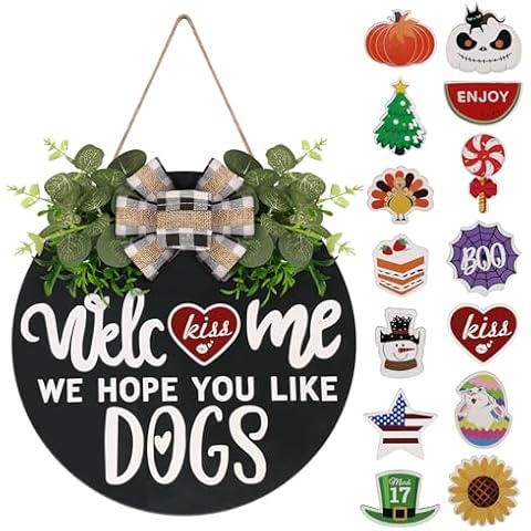 Interchangeable Wooden Seasonal Welcome Sign, Rustic Round Dogs Sign Front Door Wreaths for Home/Wall/Porch Decor, for Easter Spring Summer Fall Halloween Christmas All Season Decorations Cover