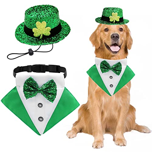 2 Pack St. Patrick's Day Costume Dog Bandana Collar and Pet Top Hat Green Dog Bow Tie Formal Tux Clothes with D-Ring Irish Tuxedo St Patrick Costume for Dogs Puppy Cat Party Dress-up