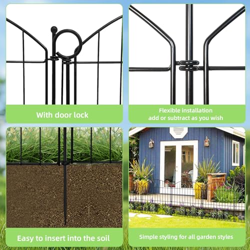 Image of Thrivinest Decorative Garden Fence, 24in H x10ft L, 5 Pack No Dig Fence Animal Barrier, Arched Flower Bed Edging, Metal, Black, Traditional