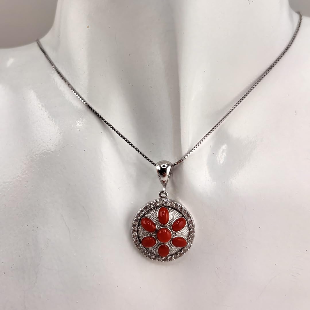 Ciondolo elegante tondo in argento 925 Rodiato con corallo rosso naturale del Mediterraneo catenina veneziana 45 cm gioiello donna ragazza elegante artigianale