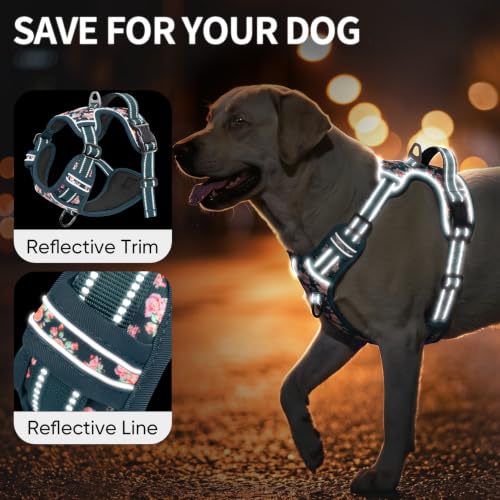 Image of HEELE Dog Harness, Reflective, No Pull No Choke, Flower Blackish Green, S | Front Clip for Small Dog Harness, 2 Metal Rings with Handle, Adjustable, Soft Breathable Padded Pet Vest for Night Walking