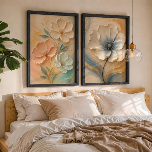 Image of NoWorries Floral Wall Painting Set of 2 with Frame | Premium White Peach & Blue Flower Botanical Artwork, Elegant Nature Wall Decor for Living Room, Bedroom, Office and Home Decoration (Art-17, 25x37inch)