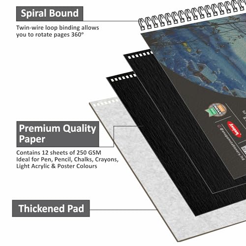 Image of Anupam Pupil Black Toned Watercolour Paper Wire-O Book - Cold Press Paper - 250 GSM - 12 Sheets - A4