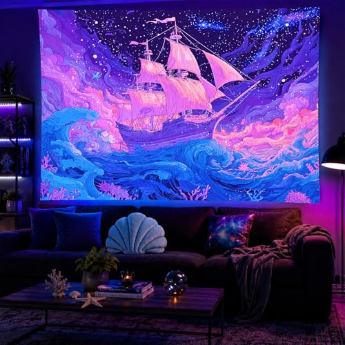Image of BlissYard Psychedelic Ocean Ship Black Light Tapestry UV Reactive Trippy Sea Wave Wall Hanging 78x59 Inch Neon Sailing Scene Starry Sky Decor For Bedroom Living Room Dorm Party Decoration