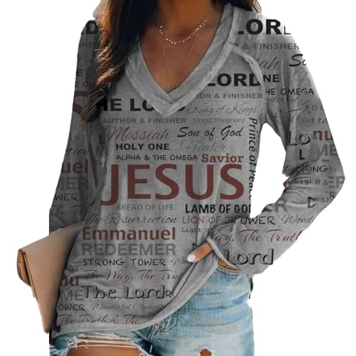 Jesus Print V Neck Long Sleeve T-Shirt Christian V Neck T-Shirts For Women With Sayings Christian Gifts For Women