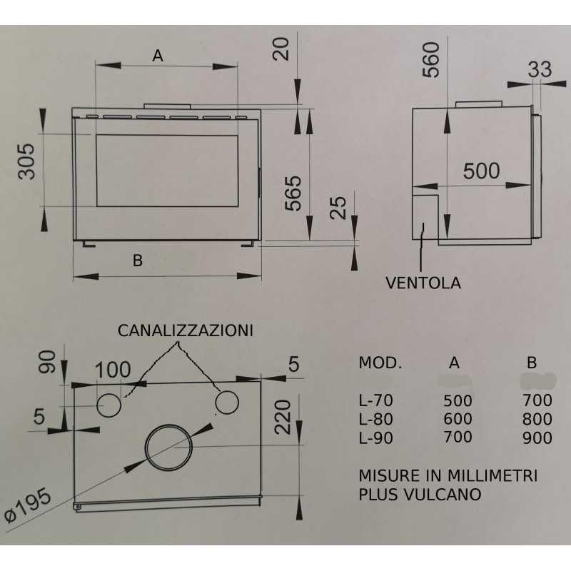 Inserto per Camino a Legna F.lli Lerda L-70 Plus Vulcano 14 Kw