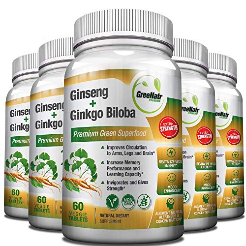 Panax Ginseng + Ginkgo Biloba Tablets  Premium Non-GMO/Veggie Superfood  Traditional Energy Booster and Brain Sharpener  Unique Twin Supplement Combines Ginseng and Ginkgo Biloba (6 Pack)