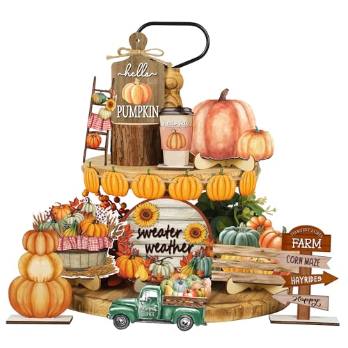 Augisteen 16 Pcs Fall Tiered Tray Decor Rustic Pumpkin Truck Wood Sign Farmhouse Tiered Tray Decoration Autumn Pumpkin Wooden Tabletop Signs for Fall Thanksgiving Home Table Decorations