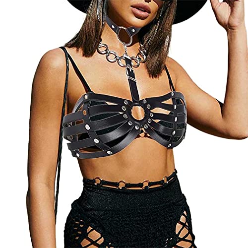 Zeelina Leather Body Harness Layer Chest Chain Punk Black Bra Caged Harness Bra Chains Nightclub Party Performance Rave Belly Belts Body Accessories for Women and Girls