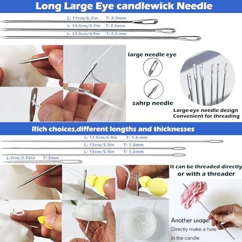 Image of TYMKLMZG Candlewick Needle Kit with Candle Wick Trimmer 7 inch,Mold Hook Punch Needle with Hook & Eye for Inserting Wick,Big Hole Long Needle,Candle Wick Roll 200 Ft 24 Wick Spool,Threader,Wick Holders