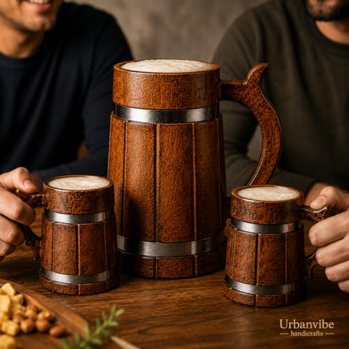 Image of Wooden Beer Bar Combo Set | Barrel Shaped Jumbo Mug | 2 Small Beer Mug 350ML (5 x 4 inches Each) & 1 Large Beer Jug 750ML (Steel Band)
