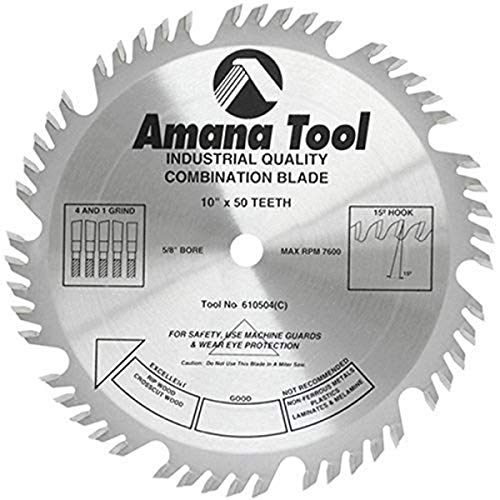 Amana Tool - (610504) Carbide Tipped Combination Ripping & Crosscut 10" Dia x 50T 4+1, 15 Deg, 5/8 Bore #1