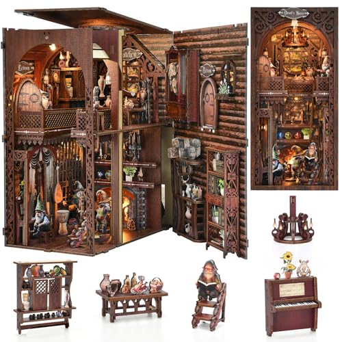 TOYQI Book Nook Kit, Book Nook Kits for Adults, DIY Miniature Dollhouse Kit 3D Wooden Puzzle Booknook Bookend with LED Light