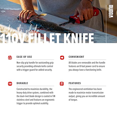 BUBBA 110V Electric Fillet Knife with Non-Slip Grip Handle, 4 Ti-Nitride S.S. Coated Non-Stick Reciprocating Blades, 8' Cord and Storage Case for Fishing - Thumbnail 4