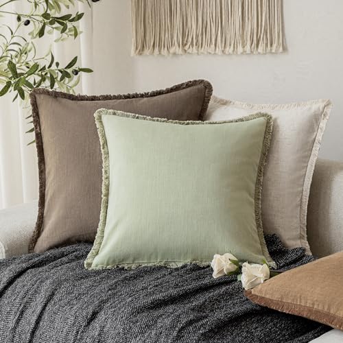 Image of Foindtower Set of 2 Decorative Fringe Throw Pillow Covers Boho Farmhouse Cushion Cover with Tassels Soft Accent Pillowcase for Couch Sofa Bed Living Room Home Decor,20x20 Inch,Light Sage Green
