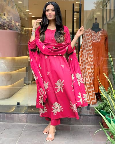 Image of GoSriKi Women's Rayon Blend Anarkali Printed Kurta with Pant & Dupatta | Ethnic Kurta Pant Dupatta Set for Women | Traditional Indian Wear Outfit