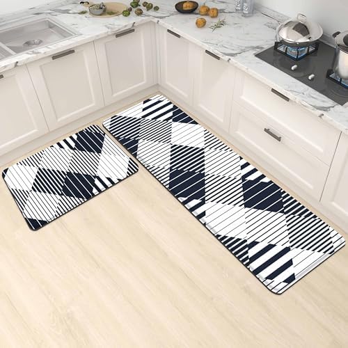keensoft Blue White Kitchen Rugs Set of 2 AntiFatigue 0.4 Inch Thick Navy Modern