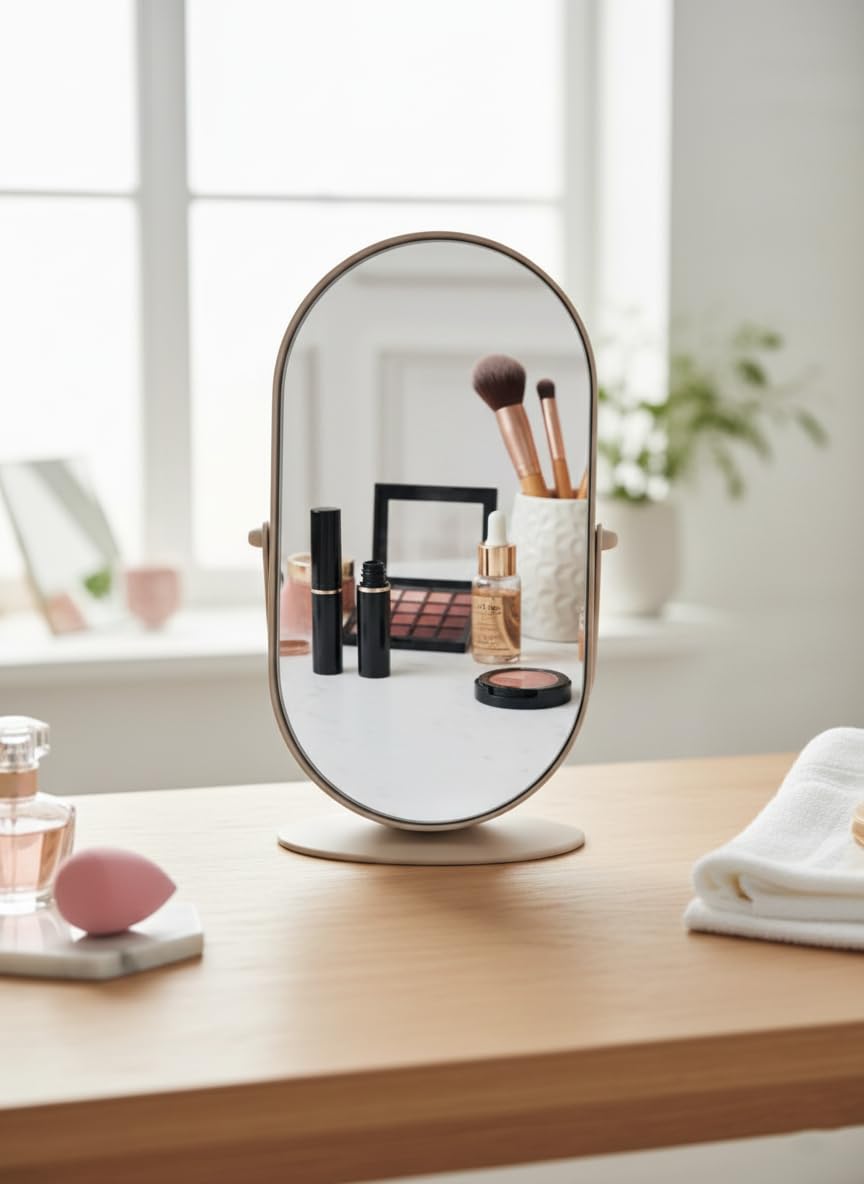 B&Q -  Beige Oval Mirror 360 Rotation Function Dressing Table Framed Stand Swivel Design Home Vanity Decor Display