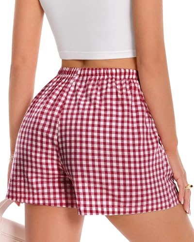 Image of Women Boxer Shorts Gingham Drawstring Pajama Bottom Plaid Pants with Pocket