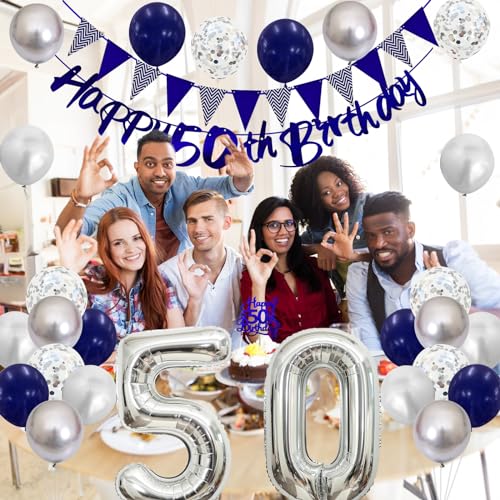 Image of 50th Birthday Decorations for Men Women, Blue Silver 50th Birthday Balloons, Blue Happy 50th Banner Cake Topper Number 50 Balloon for 50 Year Old Party Decoration