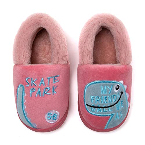 Little Boys Girls House Slippers Fluffy Big Kids Plush Warm Slippers Winter Non-Slip Bedroom Indoor Outdoor Dinosaur Pink 8-9 Toddler