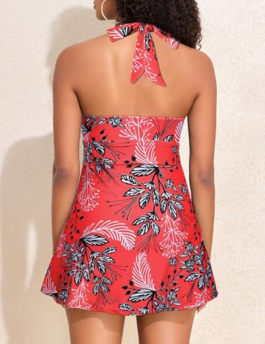 Hilor Women's Underwire One Piece Swimdress Tummy Control Halter Swimsuit with Skirt Slimming Swim Dress Bathing Suit4