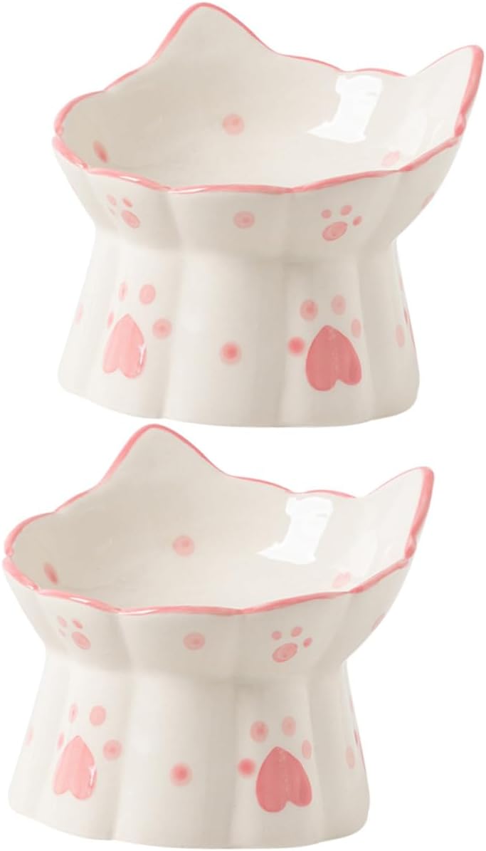 2pcs Elevated Ceramic Cat Bowls with Neck Support Raised Pet Food Feeder for Cats Whisker-Friendly Wide Shallow Bowls for Comfortable Eating and Drinking Anti-Spill Reusable Dish