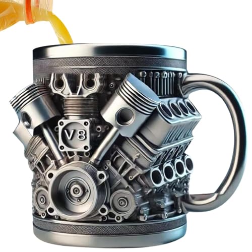 Gobelet à Café Mécanique en Acier Inoxydable V8, Creative 3D Car Moteur Design Eau Masse, 300ml Gobelet de Café Mécanique, Tasse à Eau Isotherme à Double Paroi...