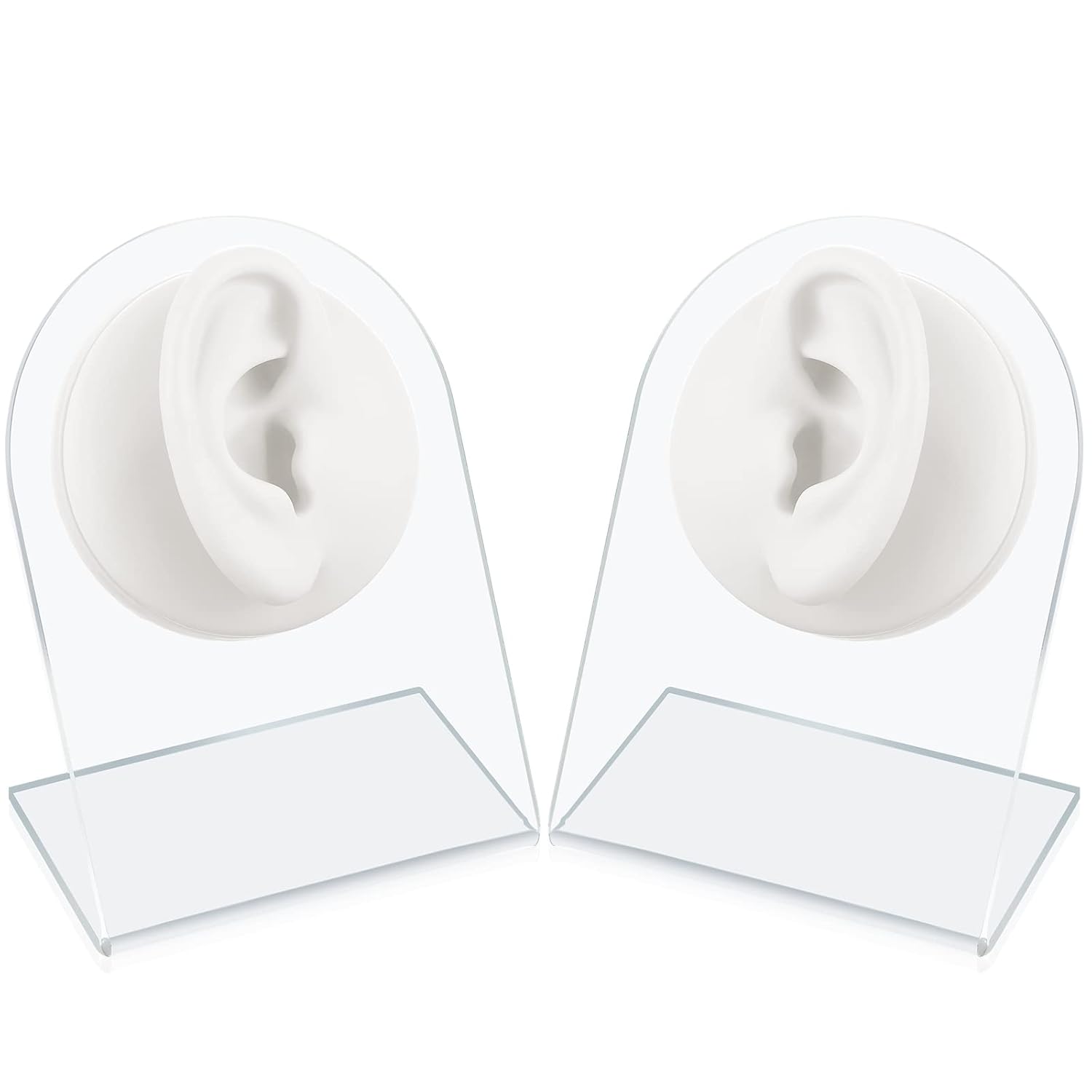 Cindeer 2 Pcs Flexible Silicone Ear Model Reused Soft Mold Fake Ear for Earrings Jewelry Display for Piercing Practice with Acrylic Stand(White)
