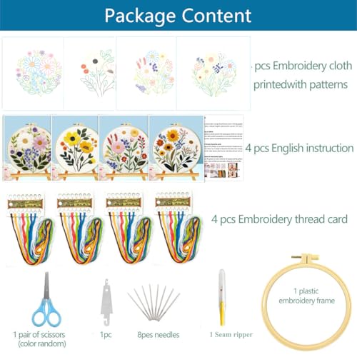 Image of Zhenqing 4-Piece Floral Embroidery Kit for Beginners - Complete Set with Printed Cotton Fabric, Hoop, Threads & Tools (C0155)