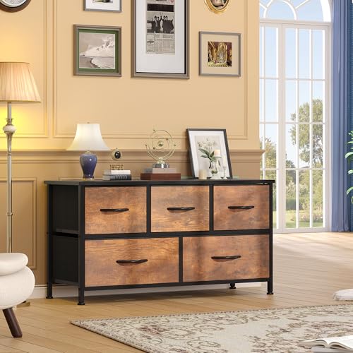 DWVO TV Stand, Fabric Tower with 5 Drawers, Dresser for Bedroom, Storage Tower, Chest of Drawers for Closet, Living Room, Hallway