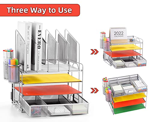 Image of Marbrasse Desk Organizers, 4-Tier Mesh Desk File Organizer with 5 Vertical File Holders and 2 Pen Holders, Multifunction Desktop Organizer,Desk Organizers and Accessories for Home Office (Silver)