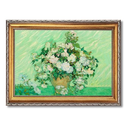 Gold Framed Roses by Vincent Van Gogh Floral Wall Art Prints Classic Flower Oil Painting Reproduction Poster Vintage Botanical Canvas Painting Pictures Nature Green Aesthetic Home Decor 12x16inch