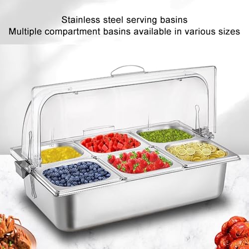 Bandeja de acero inoxidable con parte superior enrollable transparente, dispensador de condimentos de buffet y estante de exhibición de alimentos, estante de barra de ensalada de hielo, 15 cm, 6