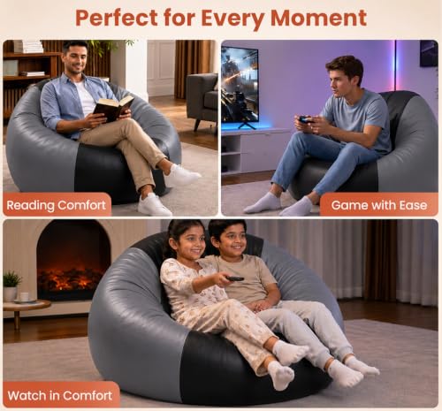 Image of Sattva Classic 3XL Bean Bag Chair with Beans Filled | Sofa Style Faux Leather Beanbags with Beans | Comfortable Bin Bags Sofa for Adults & Teens, Living Room & Office | Black & Grey