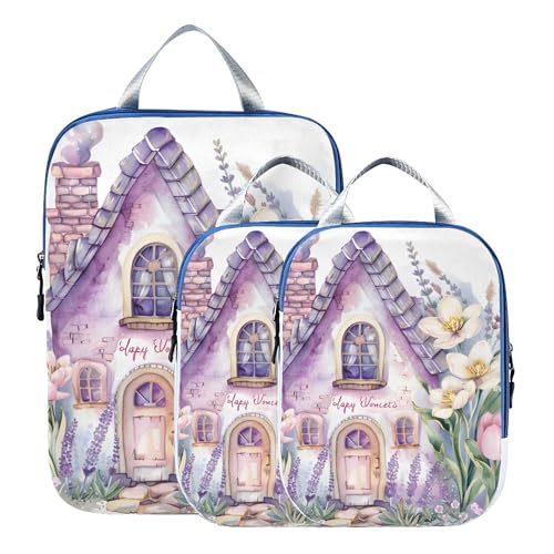 ALAZA Kompressions-Verpackungswürfel für Koffer, 3er-Set, rosa Märchen, niedliches Haus mit Blumen, Tulpen, Reisegepäck, Organizer, Packwürfel für Kleidung, Schuhe, Zuhause, Aufbewahrung