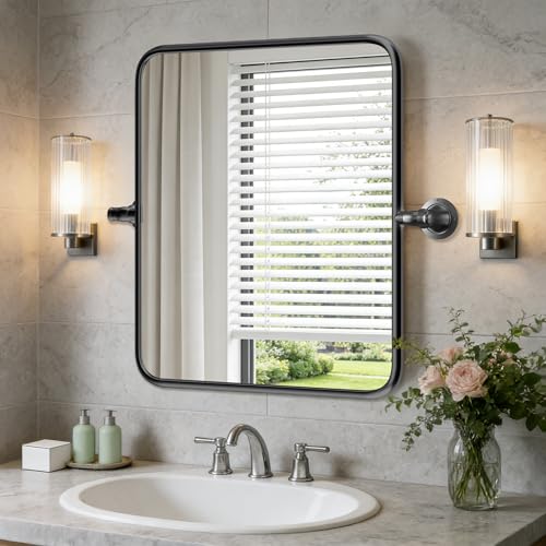 Inbenioso 24''x20'' Pivot Mirror Bathroom Matte Black, Beveled Rounded Corner Wall Mirror Tilt...
