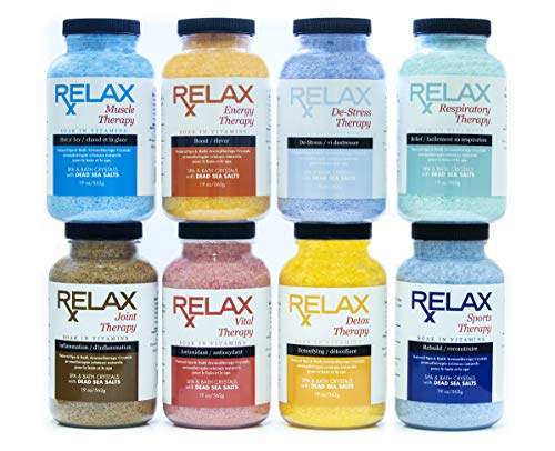 Rx Aromatherapy Luxury Spa and Bath Salts, Bundle of 8, 19 Ounce Bottles, Natural Epsom Salts Infused with Vitamins, Minerals, and Essential Oils for Pains, Aches, Swelling, and Stress Relief