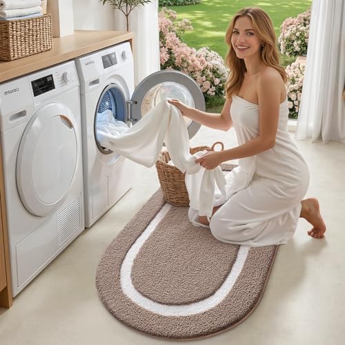 LUMI Oval Bathroom Rug, Absorbent Non Slip Bath Mat, Dark Beige, 24"x43" by LUMI - Used condition - Image 9