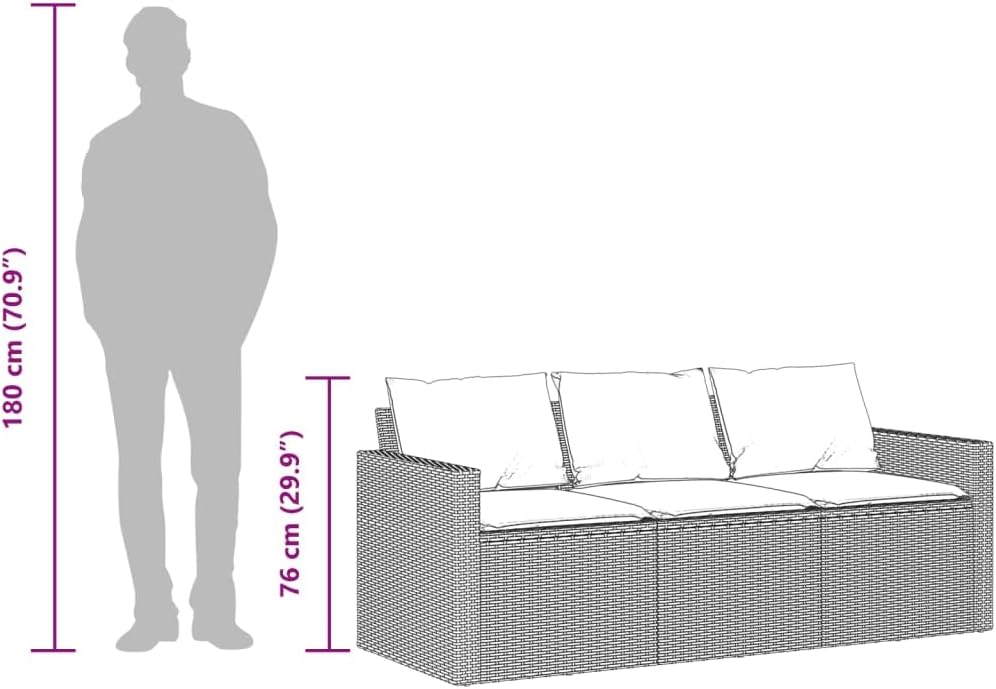 vidaXL Patio Sofa with Cushions 3-Seater - Brown Poly Rattan, Powder-Coated Steel Frame, Removable Covers, Weather-, Outdoor Furniture, 69.7" x 27.6" x 26.8"