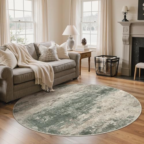 Image of BEIMO Round Rugs 5FT for Living Room Bedroom, Modern Abstract Machine Washable Circle Rug, Soft Low Pile Floor Cover with Non Slip Backing for Dining Room, Grey /Dark Green