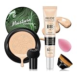 2PCS Mushroom Head Air Cushion CC Cream, Moisturizing Lasting Oil Control BB Cream for All Skin Types, Full Coverage Concealer Liquid Foundation Face Makeup Set with Foundation Brush & Makeup Sponge C