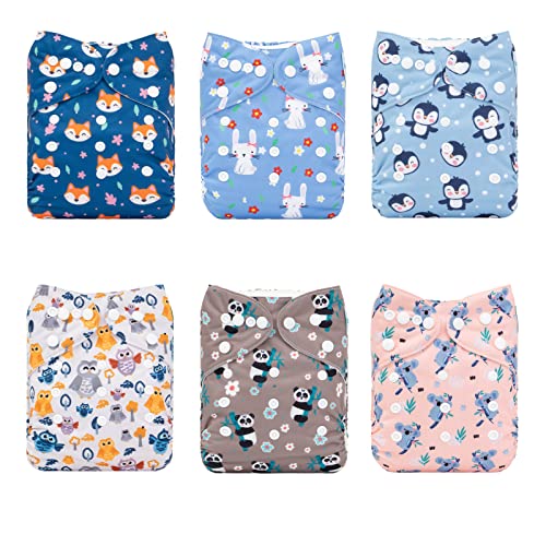Image of babygoal Reusable Cloth Diapers for Baby Boys, One Size Adjustable Washable Pocket Nappy Covers 6 Pack+6pcs Bamboo Inserts+Wet Bag 6FB46