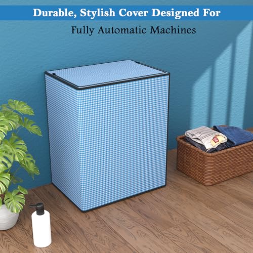 Image of Kuber Industries PVC Fully Automatic Washing Machine Cover Top Load | Dustproof Top Load Washing Machine Cover - Ideal for 6 kg, 6.5 kg, 7 kg | Barik Check Design - Blue