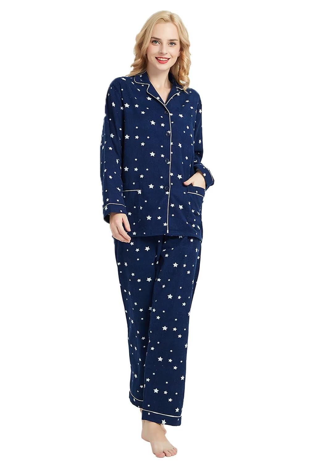 GLOBAL Pijamas Mujer Franela, Pijamas Algodon Mujer Largos, Conjunto de Pijama Suave y Cómodo, Camisones Mujer Botones, Cintura Elástica Ajustable，Regalo Mujeres,