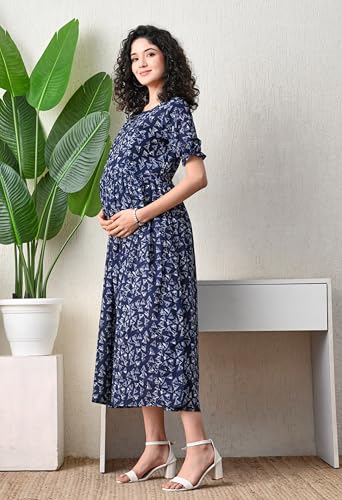 Image of Ichaa Women's Blue Cotton Printed Maternity Dress with Feeding Zips and Pocket| in Plus Sizes