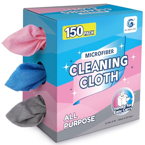 Image of GLIMGLINT Microfiber Cleaning Cloth 150 Pack, Reusable Paper Towels 11 x 9 | Lint Free & Absorbent Cleaning Rags for Car, Home, Kitchen, Glass & Screen, Washable Shop Towel with Box, Pink /Blue /Grey