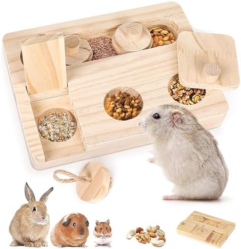 Juguetes de Madera Natural 6 en 1 para Hámster, Juguetes Masticables y para Buscar Comida, Accesorios Seguros para Roedores y Conejos
