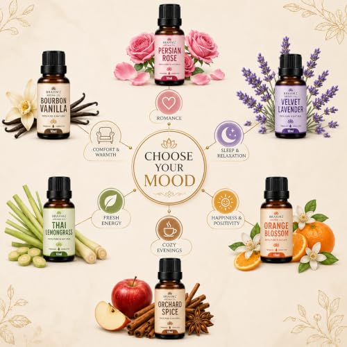 Image of BRAHMZ Aroma Oil Gift Set (10ml x 6) with 6 Tealight Candles | Home Fragrance Oils for Diffusers, Ceramic Oil Burners & Potpourri | Persian Rose, Lavender, Vanilla, Lemongrass, Orange Blossom & Orchard Spice
