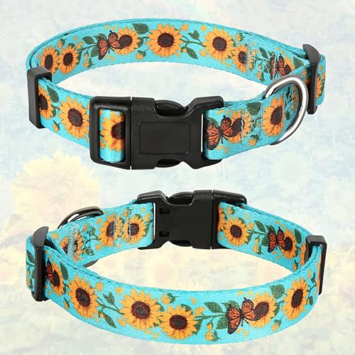 Image of HEELE Dog Collar, Adjustable Soft Dog Collar for Small Medium Large Dogs,Sunflower Floral Patterned Puppy Collars with Quick Release Buckle Sunflower Green L Length 15.94''-25.59'